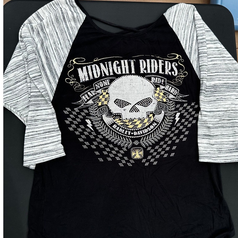 Harley-Davidson Midnight Riders Skull Rhinestone Raglan Top Black Grey Strappy